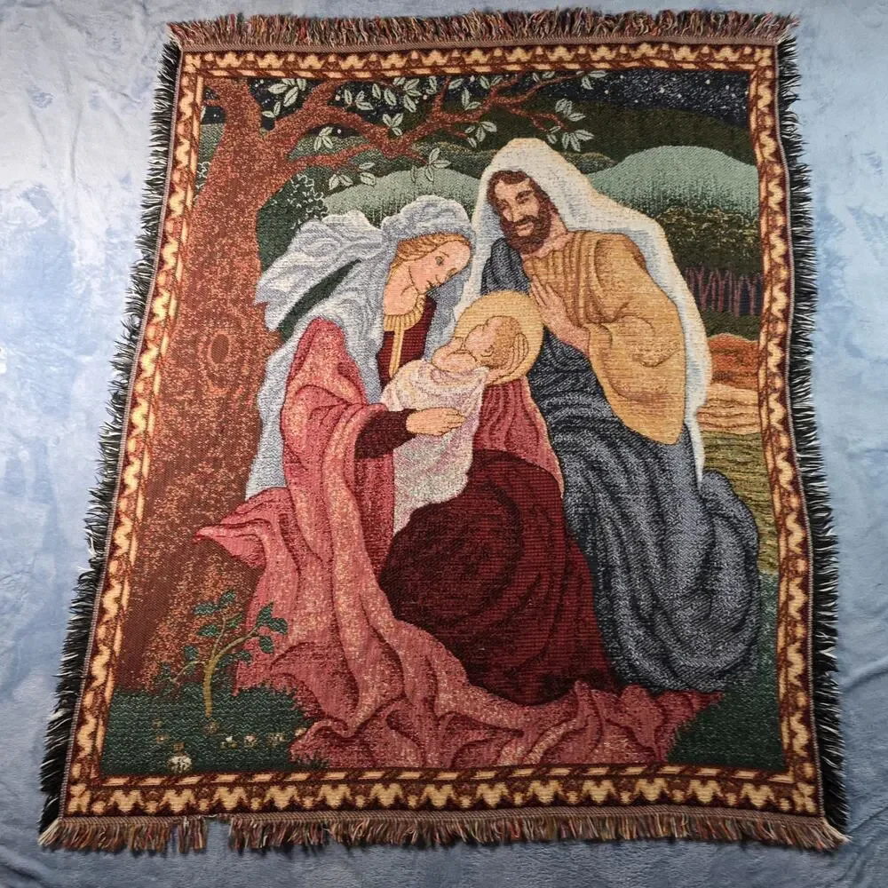 Nativity Tapestry Throw Blanket Mary Joseph Baby Jesus Fringed Christmas